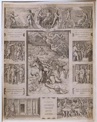 Quos Ego、Neptune Calming the Storm、Virgilの「Aeneid」からのさらなるシーンを示す境界線、Marcantonio Raimondi（1480-1534）c.1515-16による彫刻